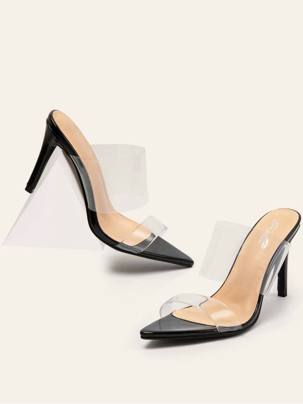 SHEIN Clear Strap Black Pointed-Toe Heels